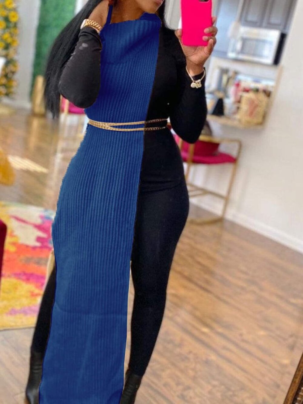 Solid Slit Turtleneck Sleeveless Dress (Without Waist Chain) - Royal Blue